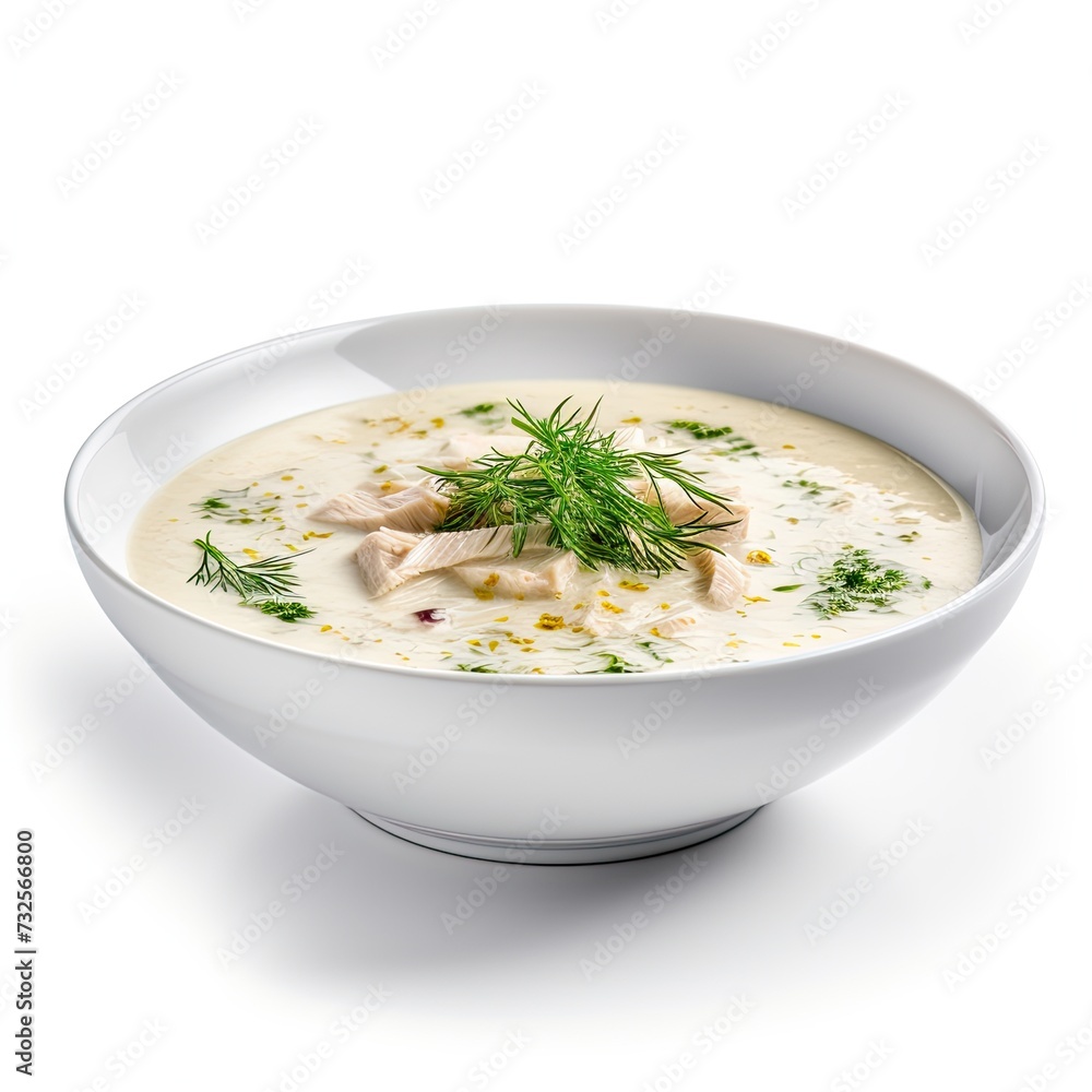 Cream soup with chicken isolated on white background