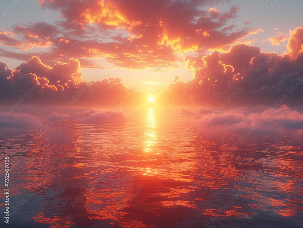 Beautiful bright sunset by water, red shader