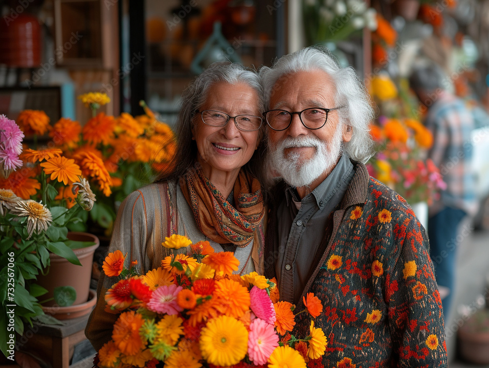 Elderly man and woman smiling against a background of flowers