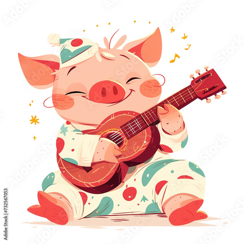 Cute Cartoon Pig Playing Guitar in a Hat and Starry Night Sleepwear, for t-shirts, Children's Books, Stickers, Posters. Vector Illustration PNG Image © Mochamad Rival