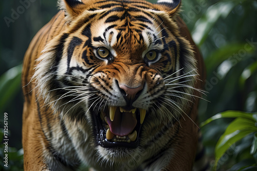 Extreme close-up of ferocious Tiger Aggression  created with Generative AI technology