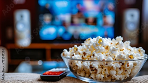  Popcorn in a glass bowl and remote control in front of the TV in a home interior. Watching TV shows and series, cable TV background