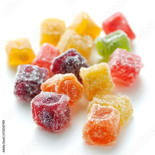 Colorful fruit jelly candies isolated on white background,  Top view