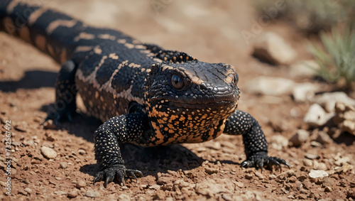 A close-up of a Gila monster lizard crawling on the ground with its front legs moving, attentively observing the camera.