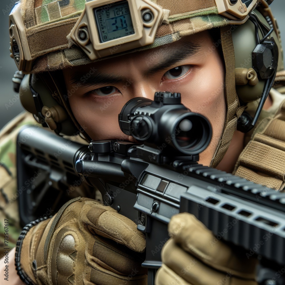 Close-Up of a soldier looks through his scope Close-Up of a soldier looks through his scope