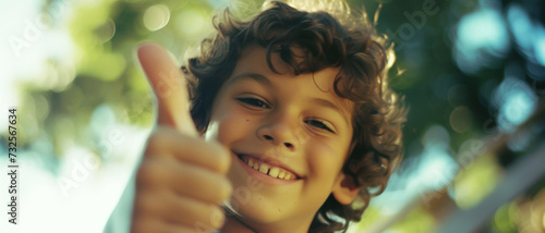 Childhood positivity, a curly-haired boy's upbeat thumbs-up signals happiness and approval in a sunlit outdoor setting