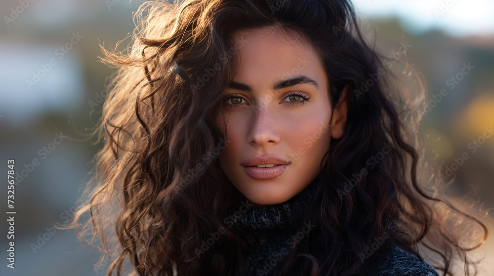 Mujer joven, morena, guapa, de pelo rizado en su despacho, mujer empoderada Mujer joven, morena, guapa, de pelo rizado en su despacho, mujer empoderada