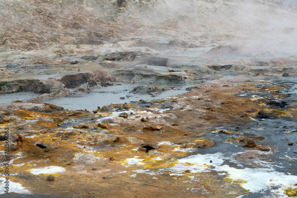 Hot springs in Hverir - Namafjall Geothermal Area in Iceland.Boiling mudpots in the geothermal area Hverir. Northeastern region, Krafla volcano, Iceland, Europe. Image of exotic world landmark. Hot springs in Hverir - Namafjall Geothermal Area in Iceland.Boiling mudpots in the geothermal area Hverir. Northeastern region, Krafla volcano, Iceland, Europe. Image of exotic world landmark.