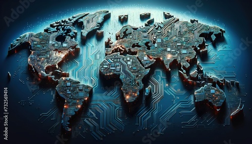 World map made from electronic circuit boards It refers to entering the digital age where the whole world is connected.