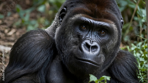 A close-up of a gorilla resting on the ground with its front paws positioned, looking directly at the camera. photo
