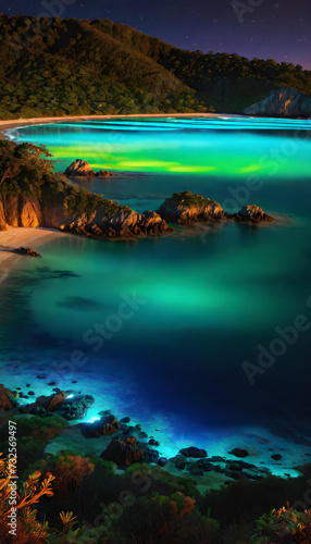 Bioluminescent Bay, Nature, Water, Night, Glow, Glowing, Natural Phenomenon, Marine, Luminescence, Biofluorescence, Spectacular, Beauty, Lagoon, Tropical, AI Generated