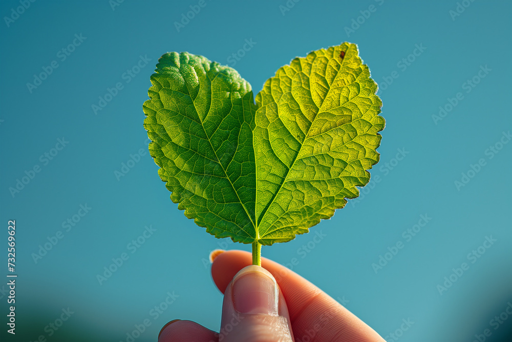 Hand Holding Green Leaf with Heart Cutout Against Blue Sky Hand Holding Green Leaf with Heart Cutout Against Blue Sky