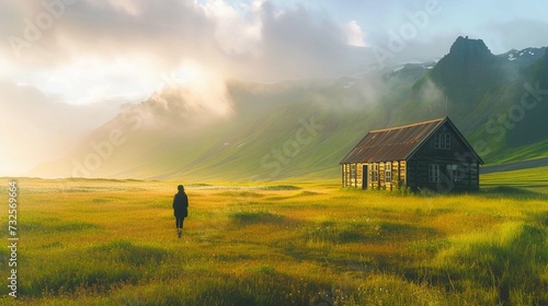 
Tourist on the green meadow with old wooden ranch. Majestic morning scene of Stokksnes headland, Iceland, Europe. photo
