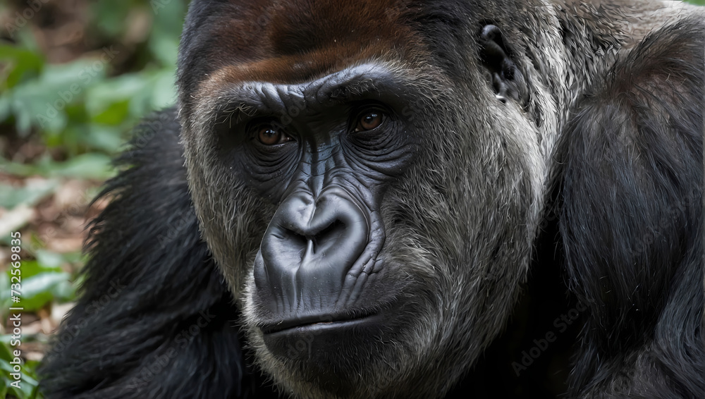 A close-up of a gorilla resting on the ground with its front paws positioned, looking directly at the camera.