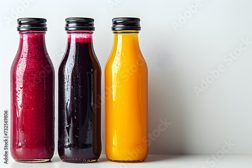 Three bottles of natural vegetable or fruit juices with black caps without labels isolated on a white background