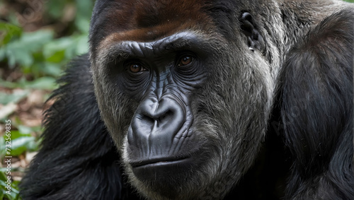 A close-up of a gorilla resting on the ground with its front paws positioned, looking directly at the camera. © xKas