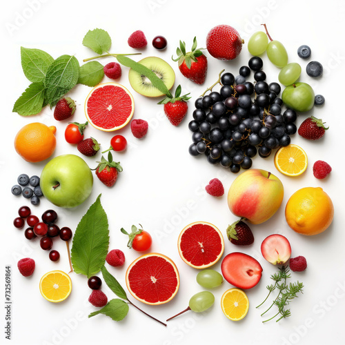 Fresh and nutritious fruits, vegetables, and berries displayed in a flat lay arrangement. AI generative.