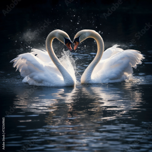 Swans gracefully form a heart shape in tranquil waters. Romantic and symbolic. AI generative.