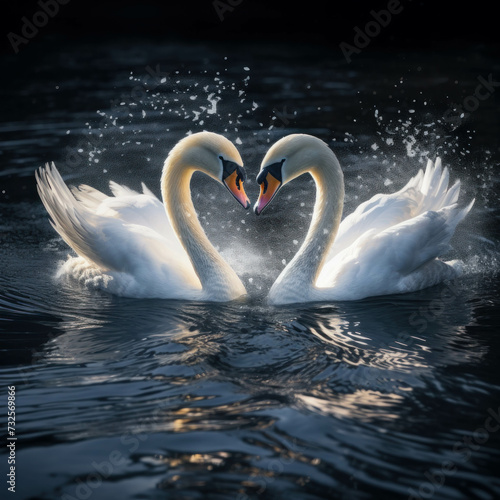Swans gracefully form a heart shape in tranquil waters. Romantic and symbolic. AI generative. photo