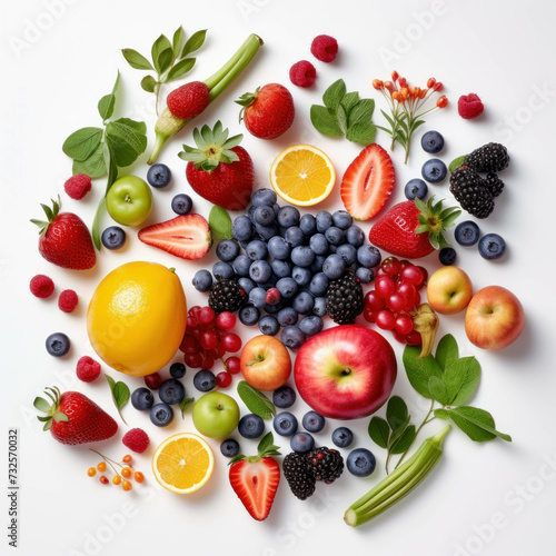 Colorful top view of fresh fruits  vegetables  and berries on a white background. AI generative.