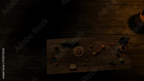 View of the old tavern. Top view of the table with food, floor. 3D animation.
