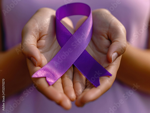 Ultra-realistic image of a girl holding a purple cancer ribbon for healthcare concept. AI generative. photo
