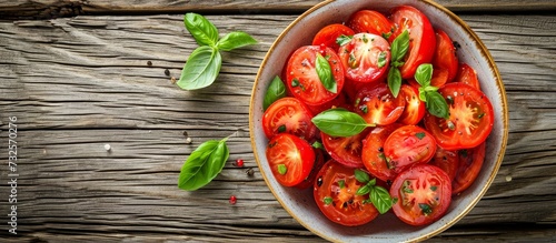 A delicious recipe featuring a bowl of fresh tomatoes and basil, a perfect combination of natural foods and plant-based ingredients.