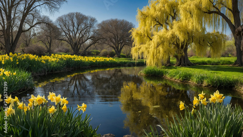 Delicate balance of life around a tranquil pond, where vibrant yellow daffodils peek through the fresh green grass and casting enchanting reflections in its shimmering surface