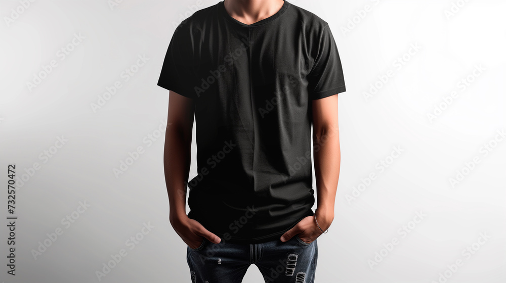 Minimalist Black T-Shirt Mockup: Young Athletic Man in Black T-Shirt in Studio against White Wall, Sunlight and Shadows Minimalist Black T-Shirt Mockup: Young Athletic Man in Black T-Shirt in Studio against White Wall, Sunlight and Shadows