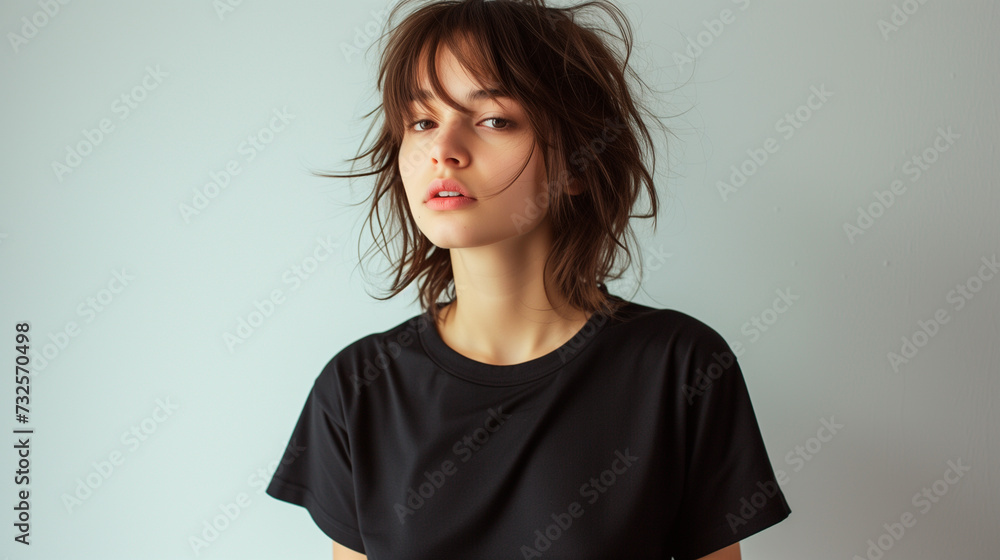 Minimalist Black T-Shirt Mockup: Young Fair-Skinned Woman Posing in Black T-Shirt in Studio against White Wall, Fashion and Style Minimalist Black T-Shirt Mockup: Young Fair-Skinned Woman Posing in Black T-Shirt in Studio against White Wall, Fashion and Style