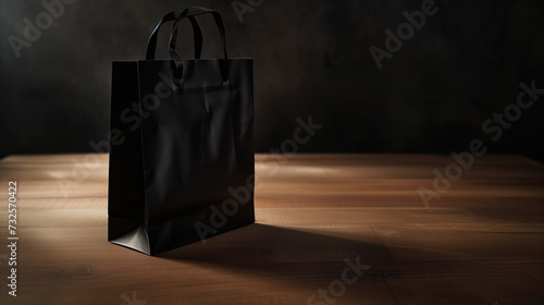 Sleek Minimalism: Black Paper Bag Mockup on Wooden Table with Dark Background, Minimalist Design