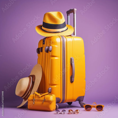 Yellow suitcase with sunglasses and hat, ready for summer vacation on purple background. AI generative.