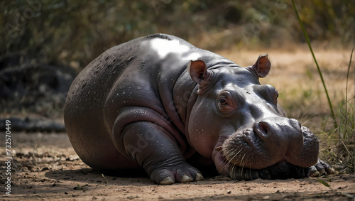 A close-up of a hippopotamus lying on the ground with its front legs out, gazing at the camera.