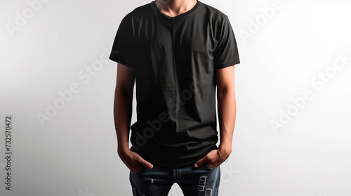 Minimalist Black T-Shirt Mockup: Young Athletic Man in Black T-Shirt in Studio against White Wall, Sunlight and Shadows