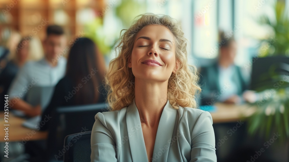 woman in a modern office with her eyes closed and a smile, indicating a moment of peace, happiness or satisfaction in the workplace. woman in a modern office with her eyes closed and a smile, indicating a moment of peace, happiness or satisfaction in the workplace.