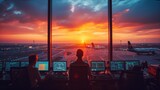 air traffic controllers at work in a control tower with a panoramic view of the airport runways.