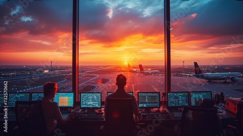 air traffic controllers at work in a control tower with a panoramic view of the airport runways. photo