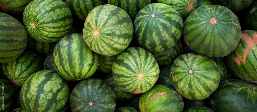 A stack of watermelons, green and leafy, resting on a table. A natural food from a terrestrial plant, this squash is a refreshing delight from nature's bounty.