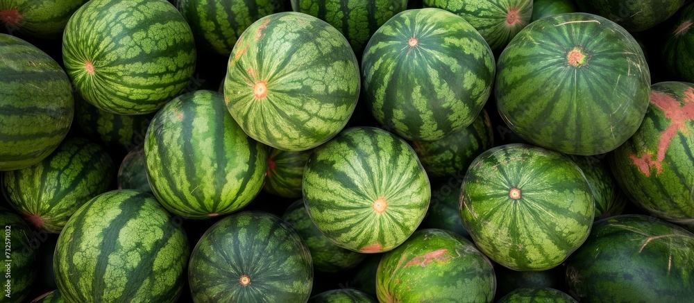 A stack of watermelons, green and leafy, resting on a table. A natural food from a terrestrial plant, this squash is a refreshing delight from nature's bounty. A stack of watermelons, green and leafy, resting on a table. A natural food from a terrestrial plant, this squash is a refreshing delight from nature's bounty.