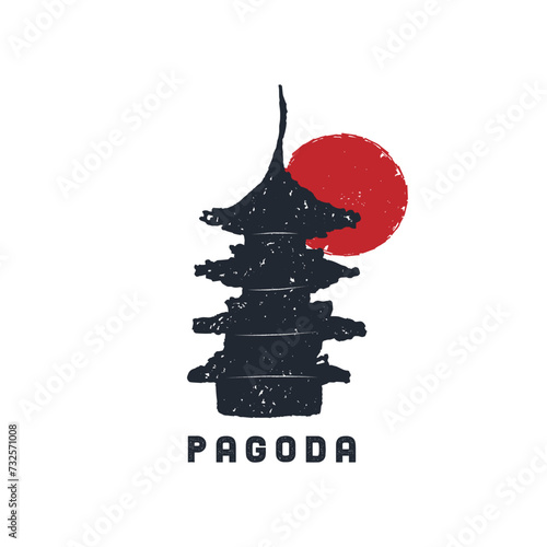 Hand drawn vintage grunge texture Japan Pagoda logo with red sun behind it. Pagoda drawing design concept for your business poster, banner, logo, t shirt design, travel and other.