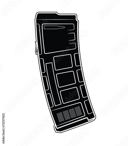 Vector illustration of an AR15 assault rifle magazine on a white background. Black. Right side.