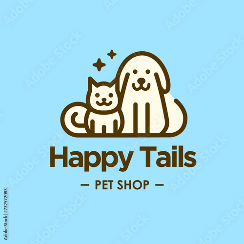 Happy Dog and Cat for Pet Shop and Pet Care Line Art Vector Logo Design