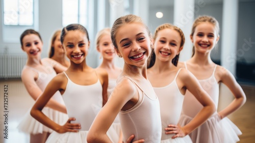Group of Young Ballerinas Smiling in Ballet Class Practice.