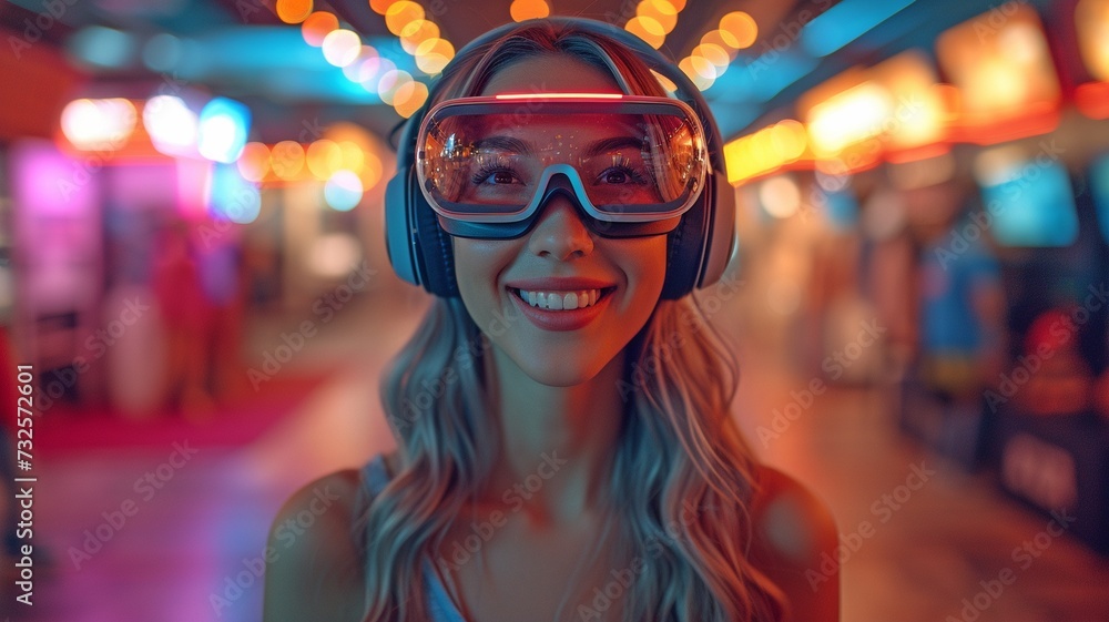 Using mixed-color neon lights at home, an adult female game streamer on social media wears virtual reality glasses to have fun. Using mixed-color neon lights at home, an adult female game streamer on social media wears virtual reality glasses to have fun.
