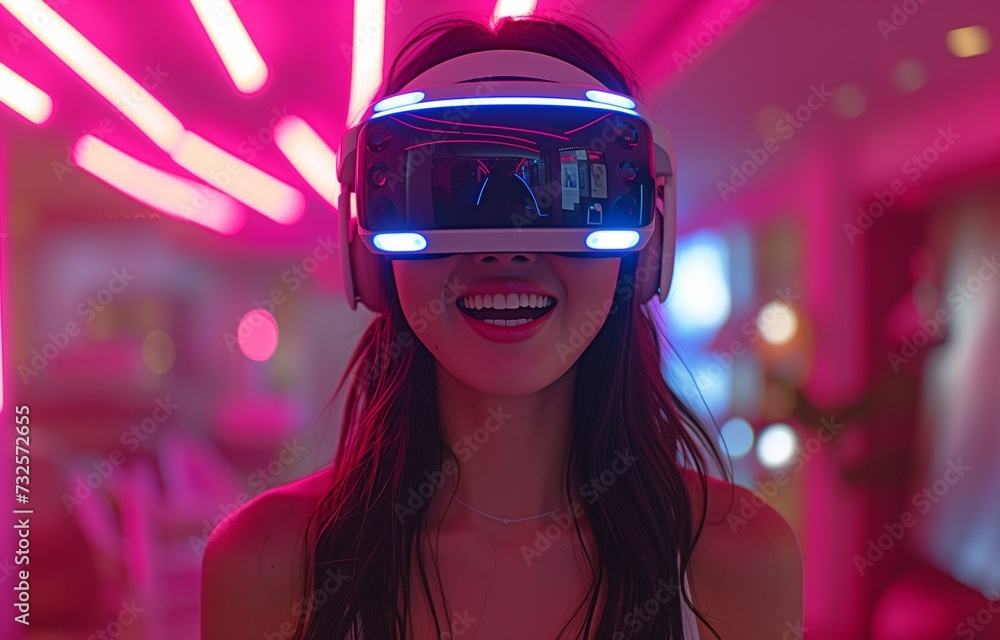 Using mixed-color neon lights at home, an adult female game streamer on social media wears virtual reality glasses to have fun.