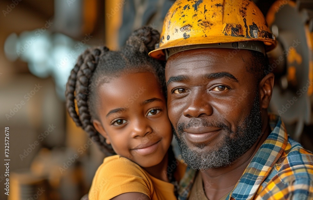 An African adult male father, donning a hard safety cap, is happy to be teaching his kid how to operate a tractor in the warehouse of his own company. - obrazy, fototapety, plakaty 
