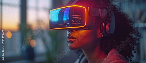 Using mixed-color neon lights at home, an adult female game streamer on social media wears virtual reality glasses to have fun.