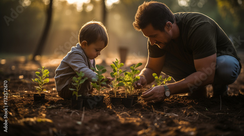 father and son planting flowers