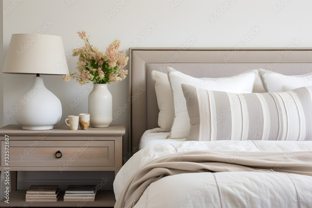 classic bedroom style with set of pillows and lamp on table side, interior design concept classic bedroom style with set of pillows and lamp on table side, interior design concept
