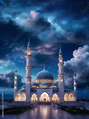 GENERATIVE AI This mosque is covered in beautiful clouds with a beautiful night sky